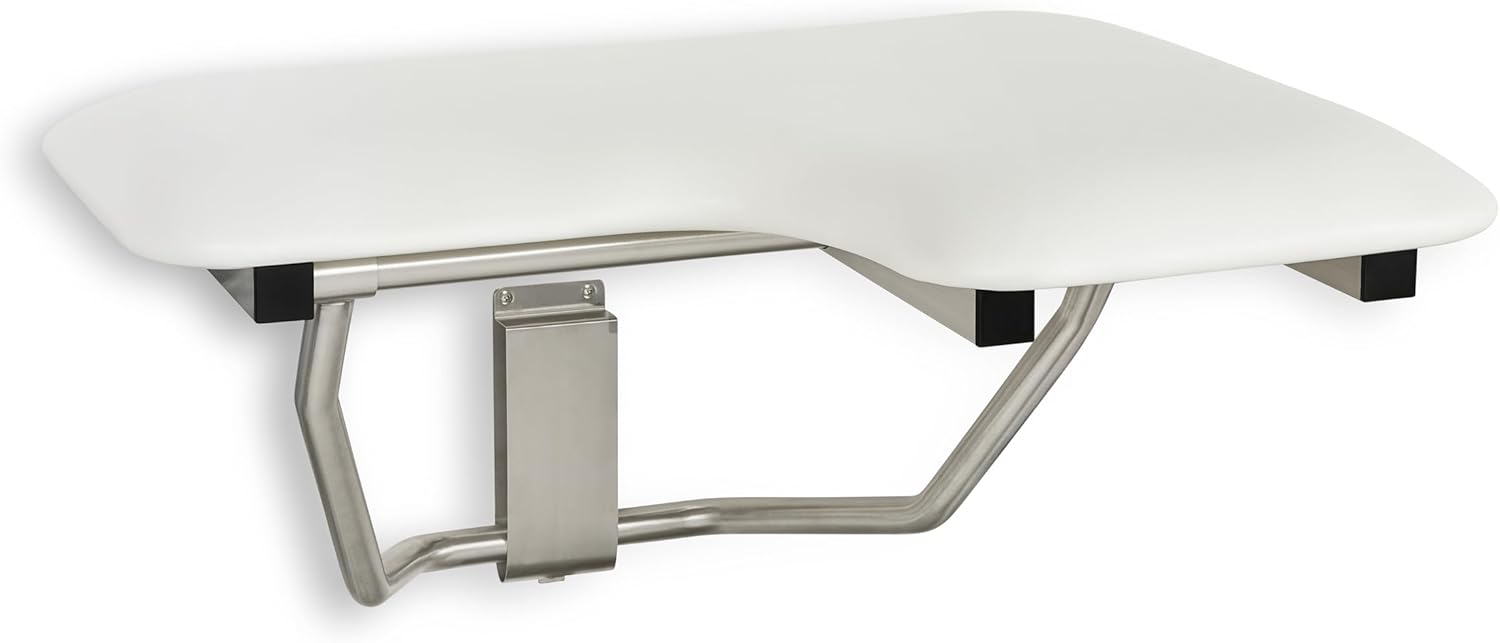 Seachrome Lift-Assist Shower Seat, L-Shaped Left-Hand, ADA, Wall Mount, Padded White Naugahyde