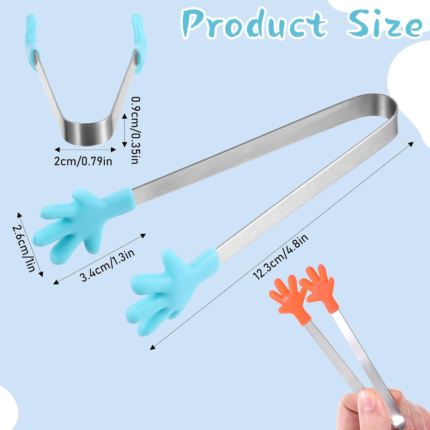 4 PCS Silicone Mini Tongs, 5 Inch Hand Shape Silicone Food Tongs Small Kids Tongs Colorful Kitchen Tongs for Serving Food Cooking Appetizers Ice Cube fruits Sugar(Red Yellow Orange Blue)