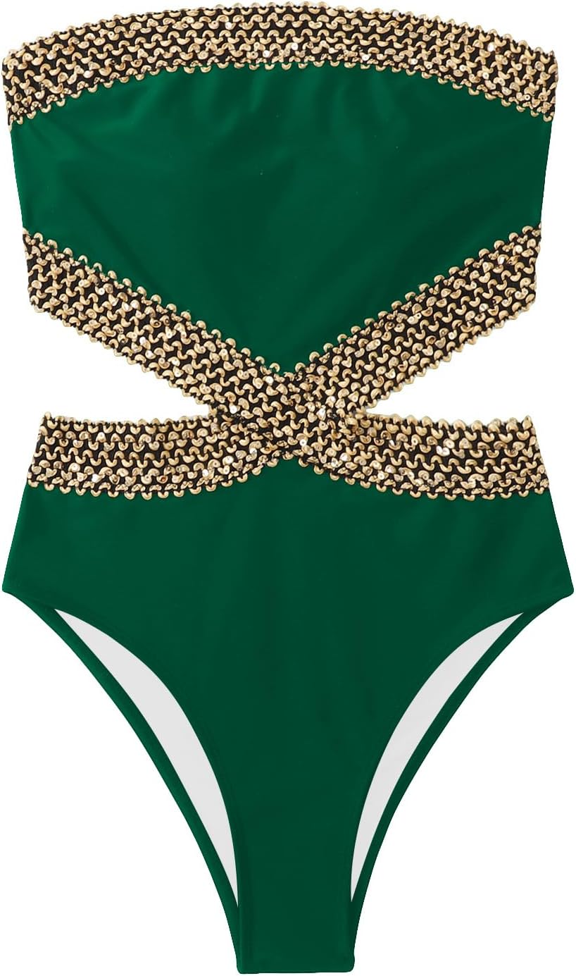 Milumia Women's Stitch Detail Strapless One Piece Swimsuit Cut Out Bandeau Bathing Suit