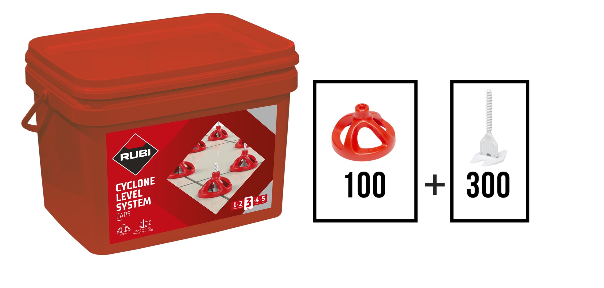 RUBI | Kit Cyclone Level System Se Compose de 300 bases de 5 mm et 100 coupelles réutilisables | Idéal pour la pose de carreaux grand format (taille minimale requise : 30 x 30 cm)