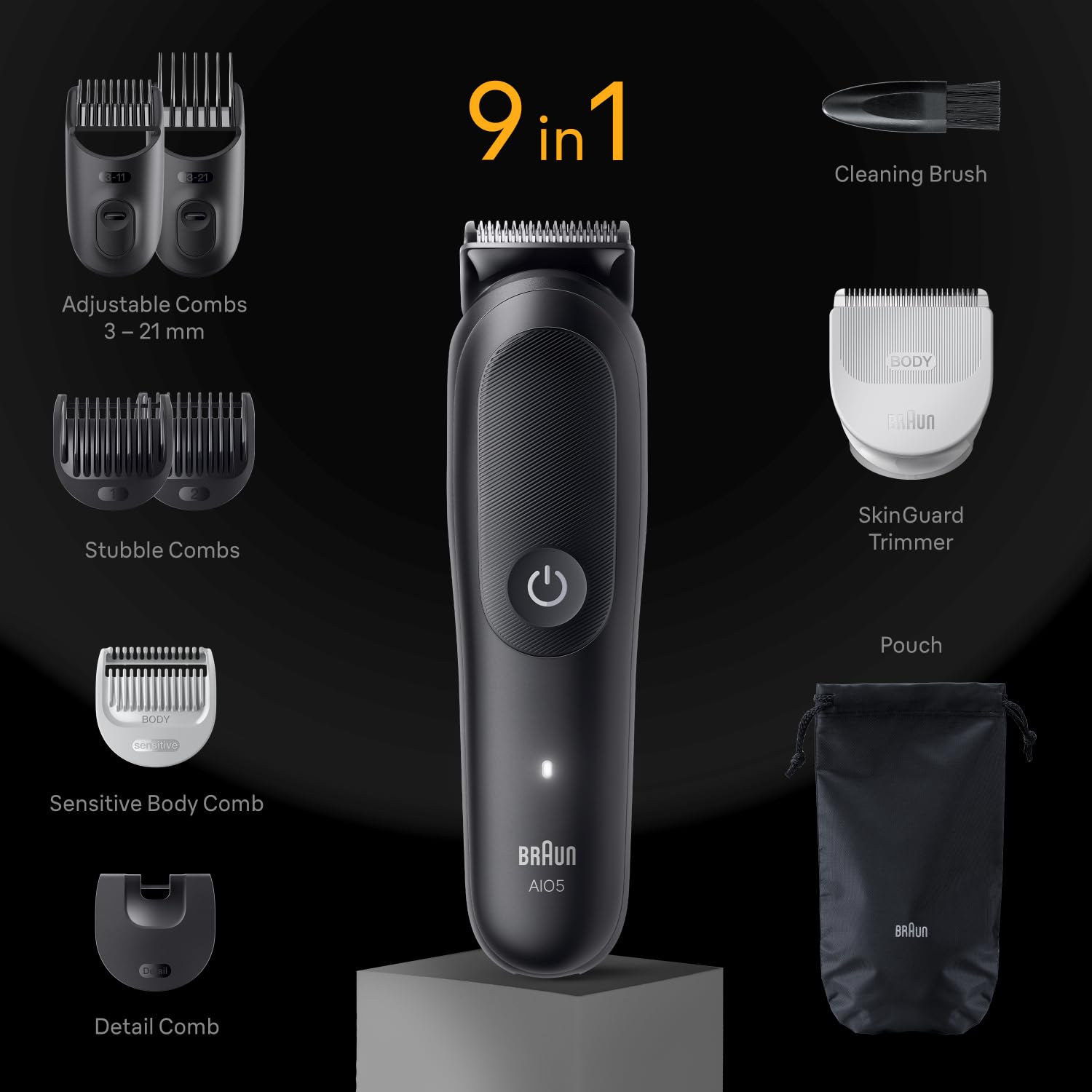 Braun Series 5 AIO5545 Grooming Kit components laid out