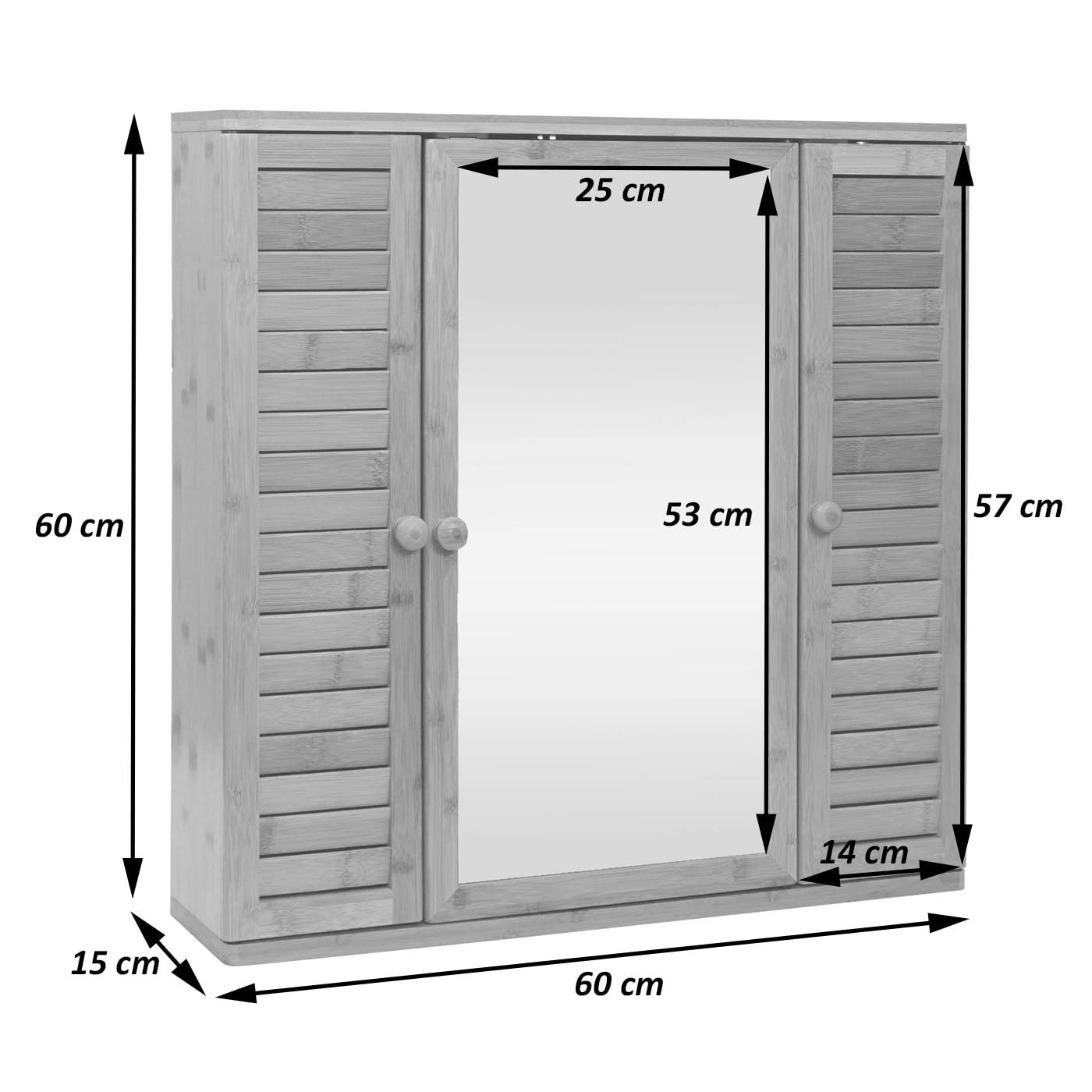 Mendler Szafka z lustrem HWC-B18AM, szafka z lustrem łazienkowym, szafka wisząca, 3 półki, 3 drzwi, lustro bambusowe, 60 x 60 x 15 cm