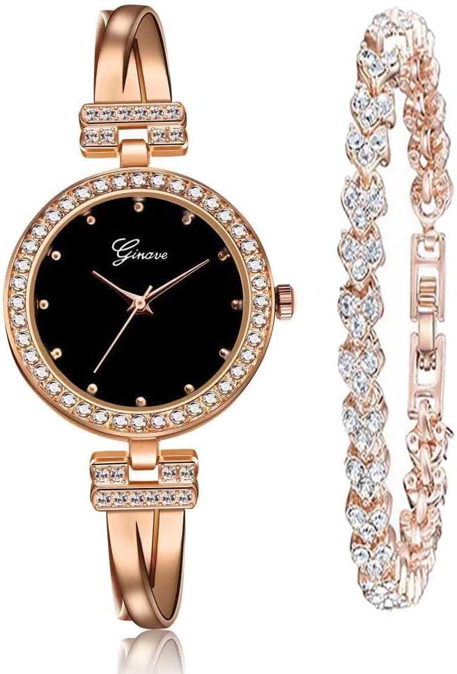 Weicam Women Classic Two-Piece Bangle Bracelet Analog Quartz Wrist Watch Jewelry Set