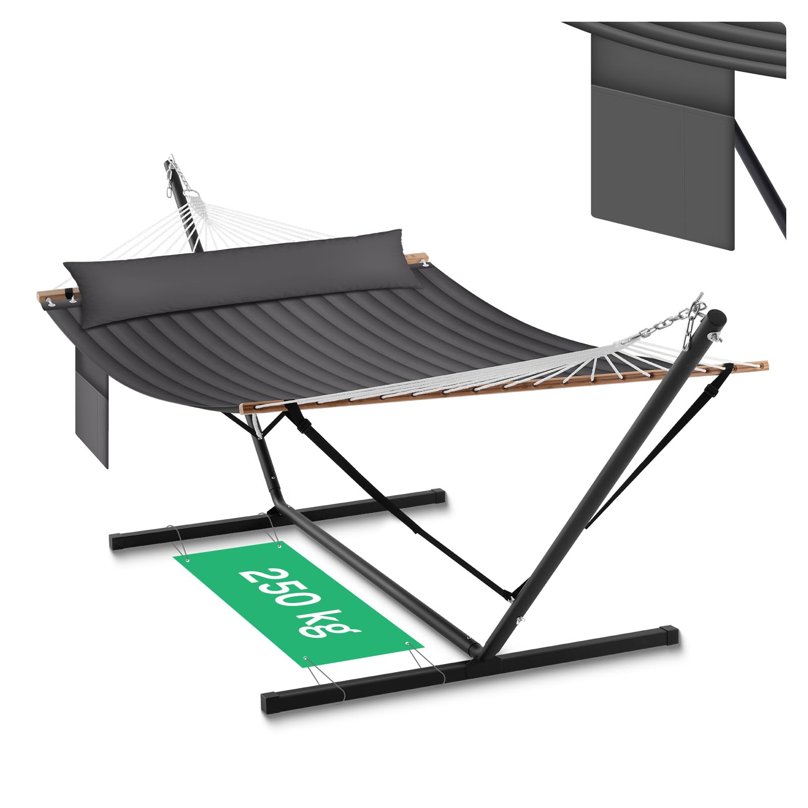 WOLTU Hängematte mit Gestell, Doppelhängematte mit Seitentasche Kissen, Tragbar Hängematte Outdoor für den Garten Terrasse Balkon Camping & Pool belastbar bis 250 kg, für 2 Personen