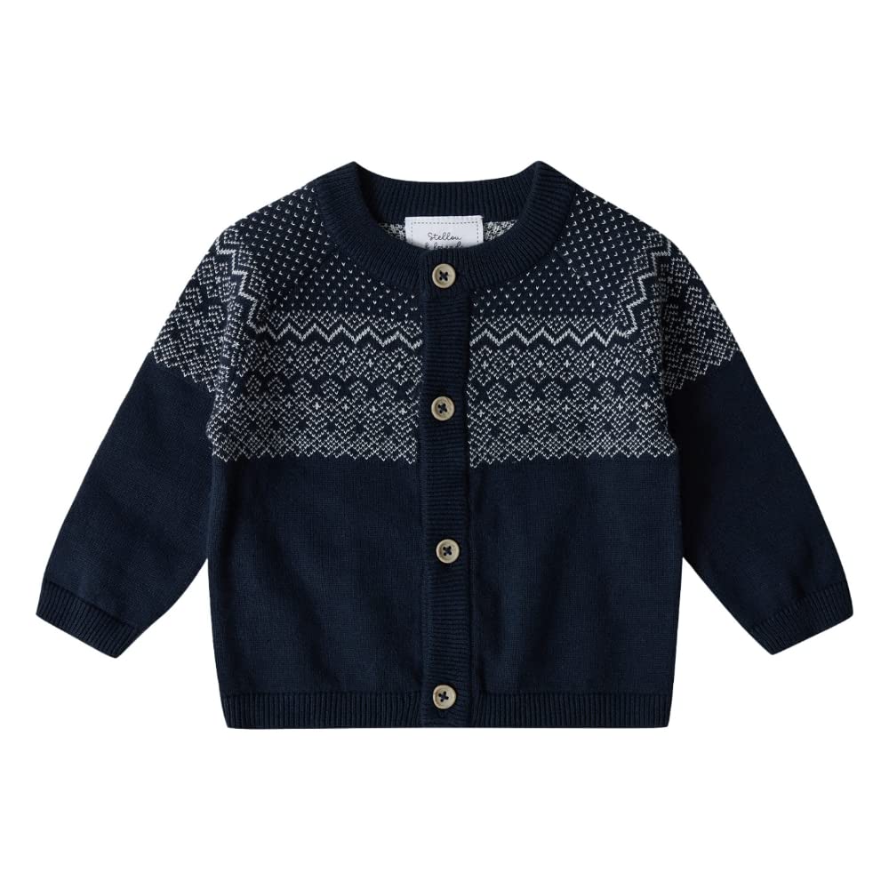 Stellou & friends 100% Cotton Knit Norwegian Jacquard Design Baby Toddler Boys Girls Long Sleeve Cardigan Sweater (Navy, 18-24 Months)