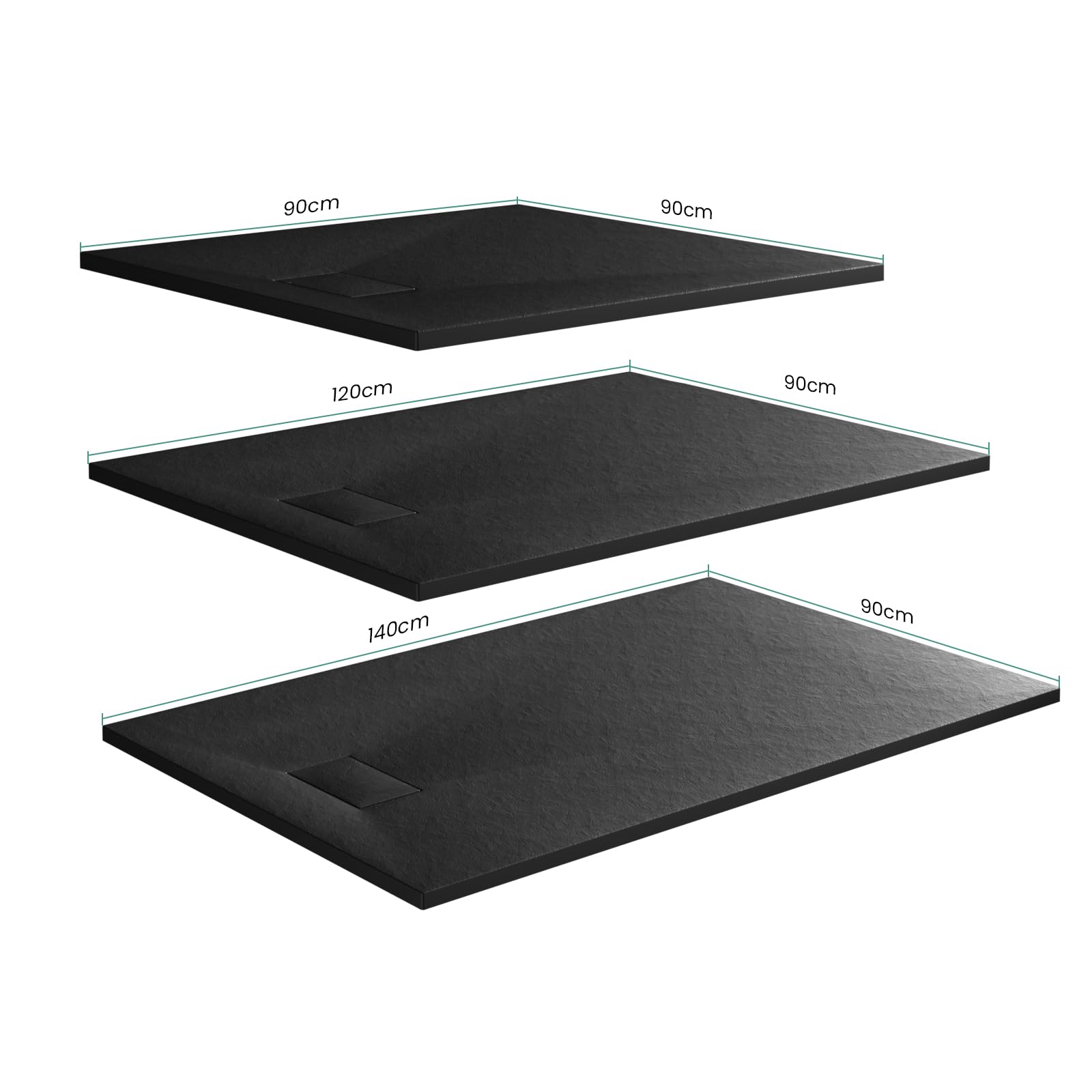 EMKE Plato de ducha 90 x 90 cm, plato de ducha plano SMC antideslizante, color negro, altura 2,6 cm, aspecto de piedra, desagüe 90 mm