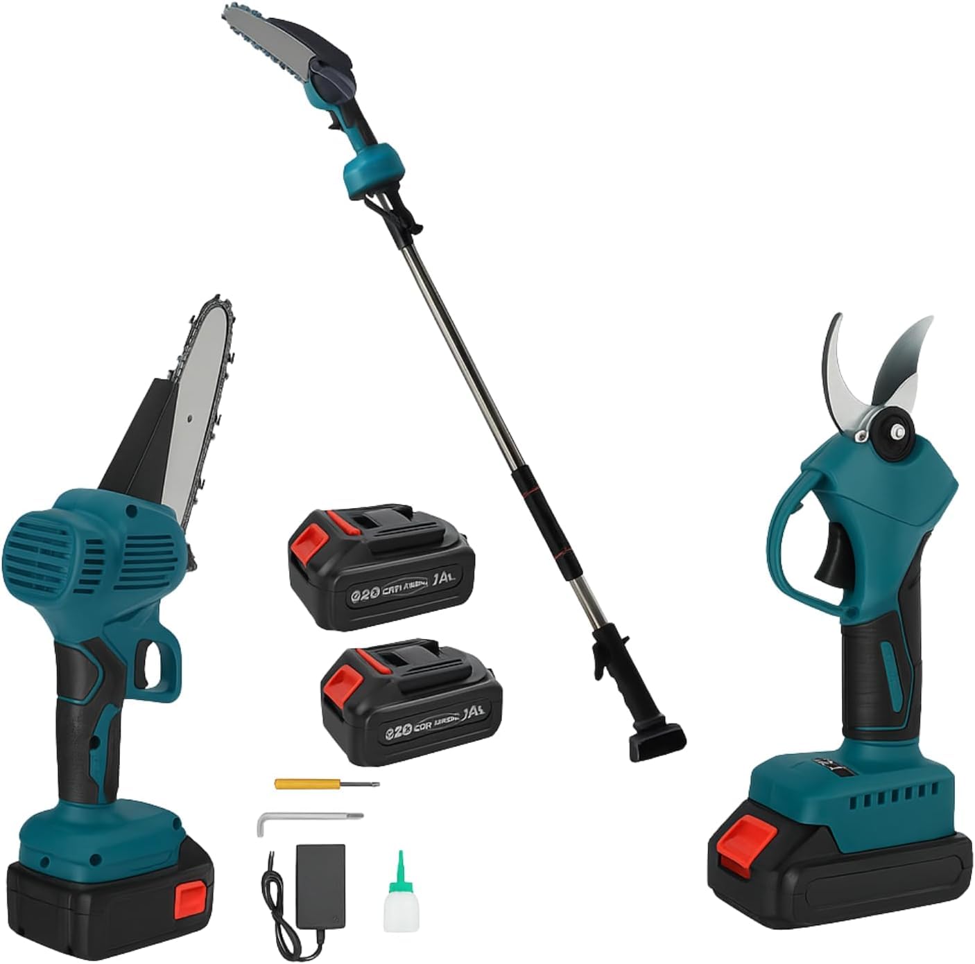 Kit Potatura Elettrico 3 in 1 con Asta Telescopica 2,5M, Forbici, Motosega 6" a Batteria, 2 Batterie 48V, Attrezzi Giardinaggio, Cesoia, Troncarami, per Rami, Alberi, Giardino, Vigneti, Orti