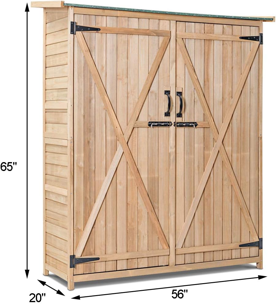 S AFSTAR Outdoor Storage Shed with Lockable Door, Wooden Tool Storage Shed w/Detachable Shelves & Pitch Roof, Garden Storage Cabinet for Backyard Patio Deck Porch, 56”L x 20”W x 65”H, Natural