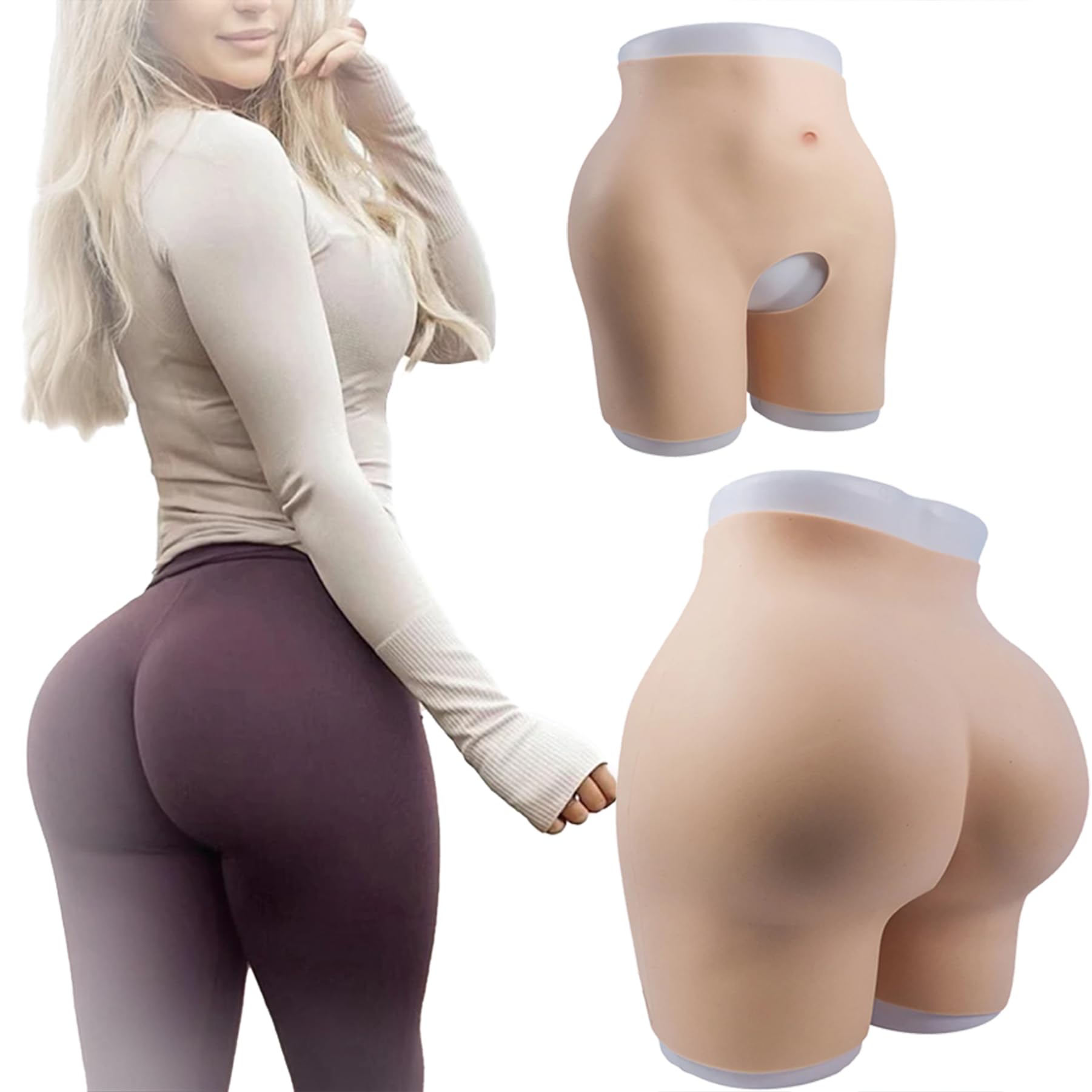 Adima Pantalones De Silicona para Aumentar Los Glúteos Ropa Interior Reductora De Glúteos De Entrepierna Abierta para Mujeres y Travestis,Blanco,Hip 1.2CM