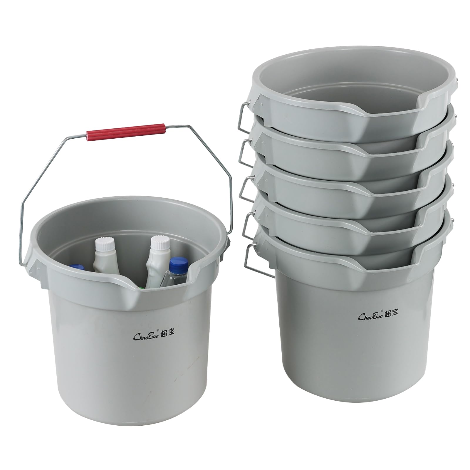 Kiddream 6 Pack 3.5 Gallon Utility Bucket with Handle, Cleaning Bucket with Pour Spout, Grey
