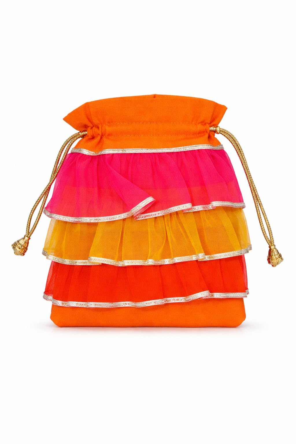 Bag with Ruffled Layers, Orange and Pink, Gold Gota Border, Drawstring Closure, Indian Ethnic Style-picture-44