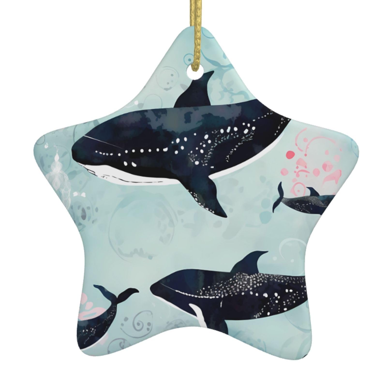 Ceramic Christmas Tree Hanging Ornaments with Gold Ropes Christmas Tree Decorations Star Ceramic Whale Pendant Keepsake Decorations for Holiday Xmas Gift Ideas
