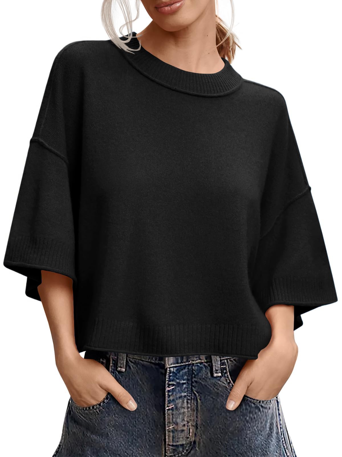 Womens Short Sleeve Cropped Sweaters 2025 Summer Oversized Loose Fit Drop Shoulder Casual Sweater Tops