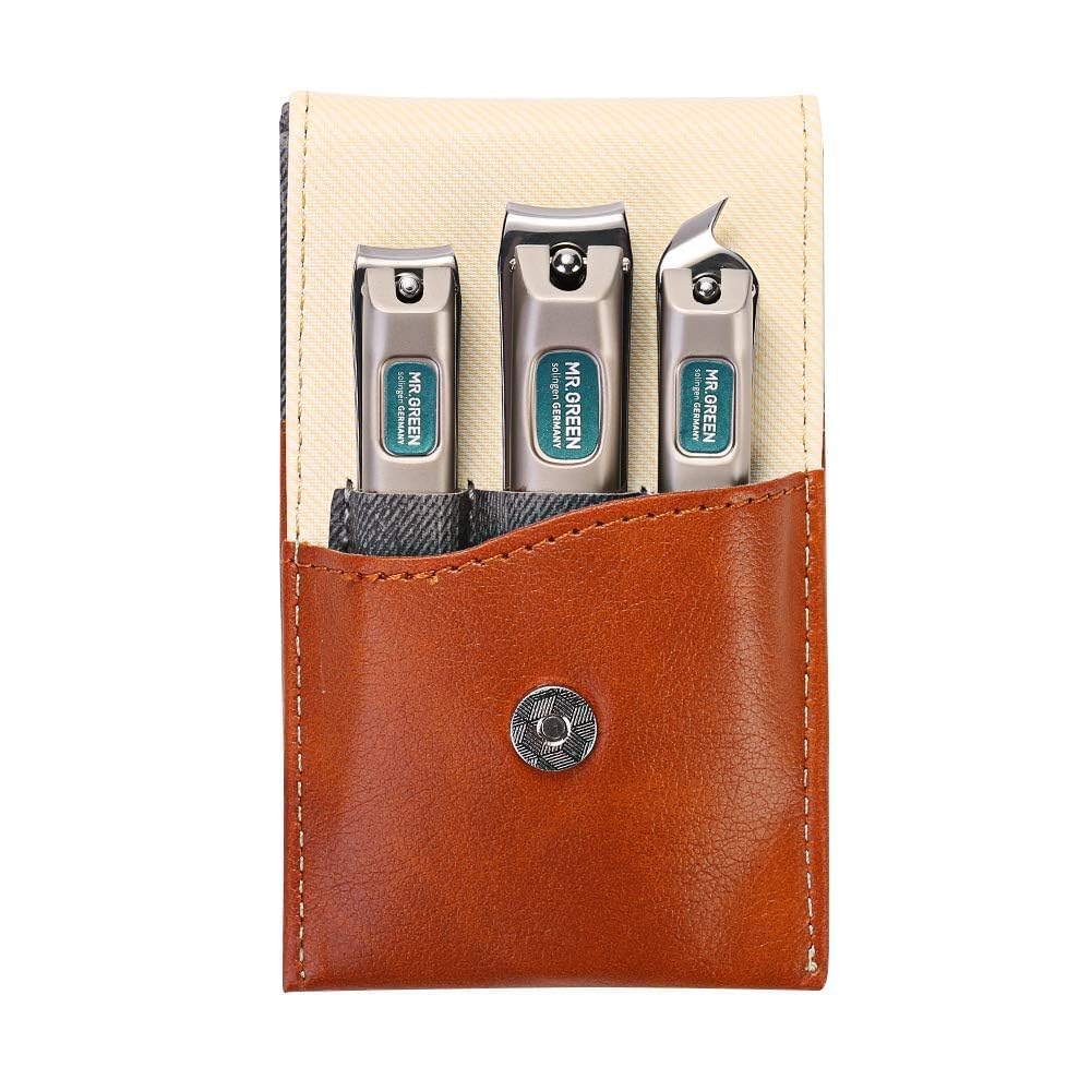 MR.GREEN Ensemble de manucure et pédicure, ensemble de 3 coupe-ongles en acier inoxydable allemand de qualité supérieure avec étui en cuir haut de gamme, coupe-ongles professionnels pour hommes et