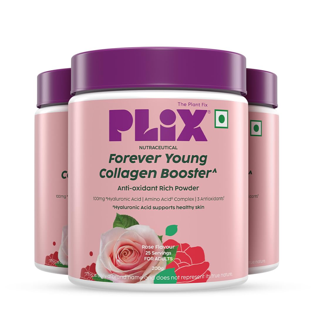 PLIX – THE PLANT FIX | Collagen Booster Powder to Support Healthy Skin | Supports Collagen Production, Antioxidants & Skin Health | Vitamin C, Hyaluronic Acid & Superfood Blend, Rose (3 x 200 g)