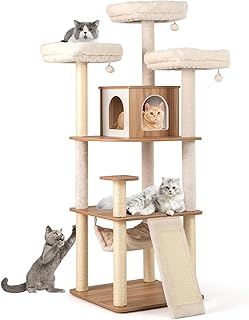 Tangkula Tall Cat Tree, 68 Inch Modern Wood Cat Tower with Sisal Scratching Posts, 3 Padded Perches, Condo, 2-in-1 Ladder, Dangling Balls, Washable Cushions for Indoor Cats Large Adult (Natural)