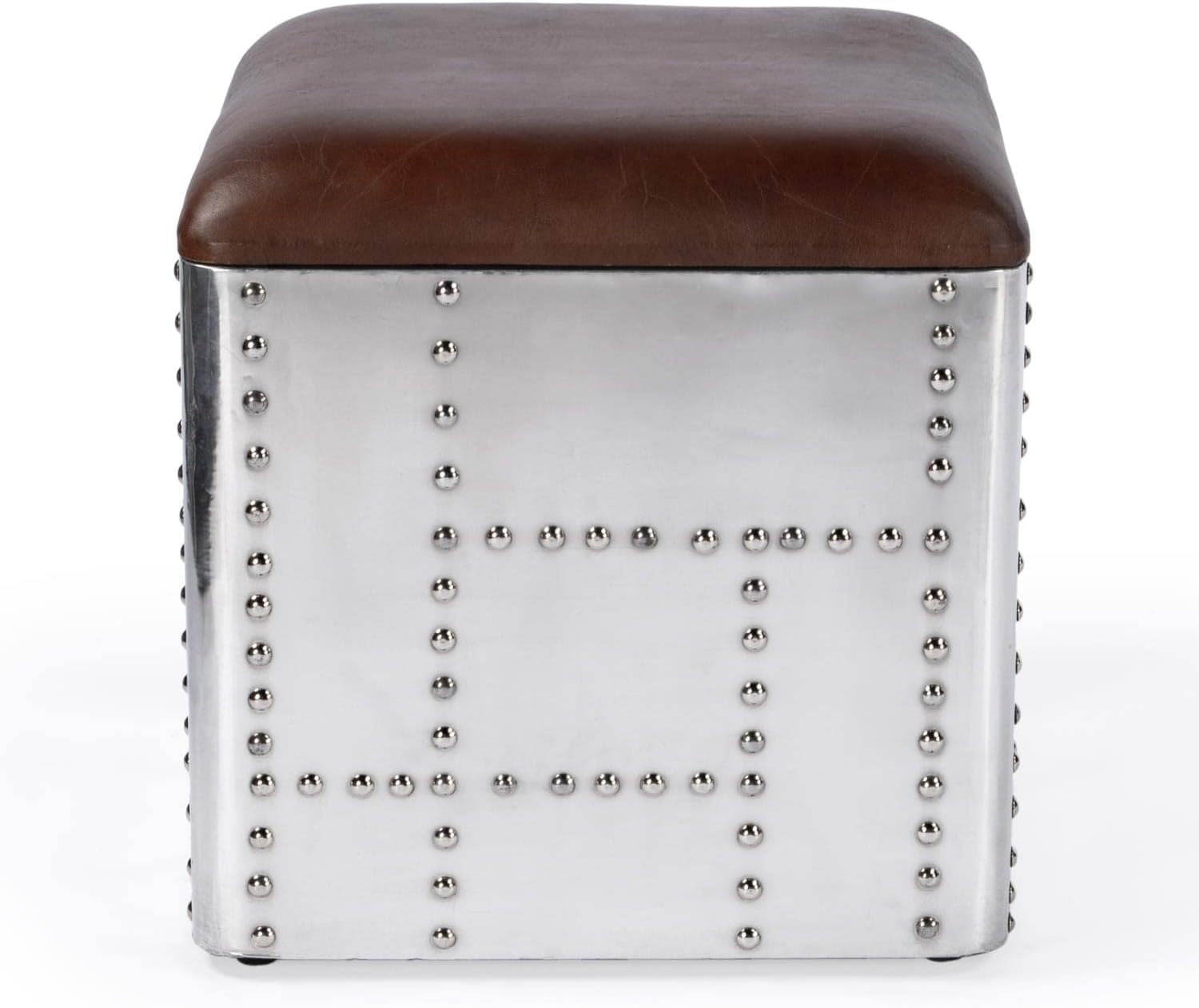 NauticalMart Wooden Square Ottoman Side Table Midway Aviator Leather Stool