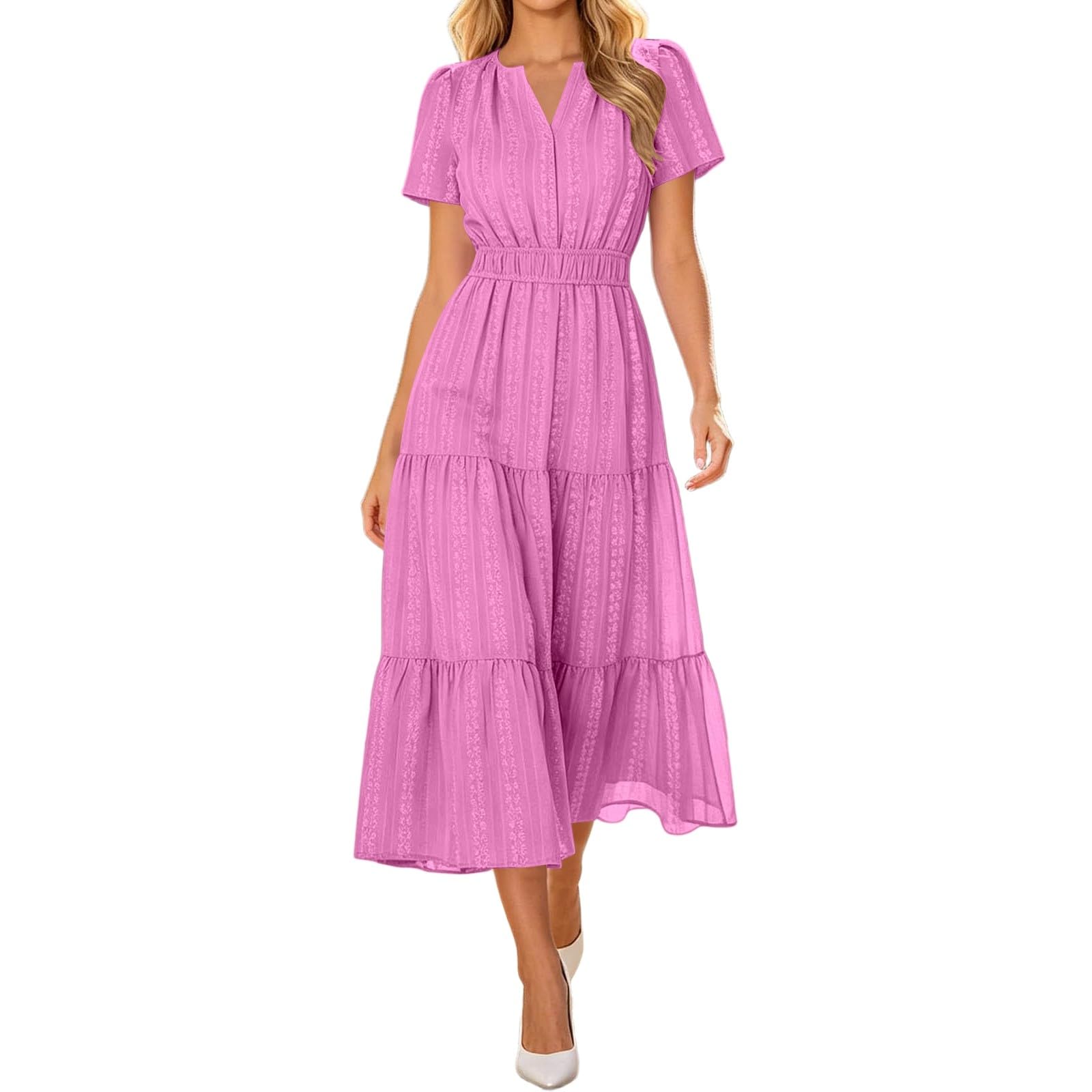 Vestido Casual de Verano Liso de Manga Corta con Elegante Escote y Bolsillos.