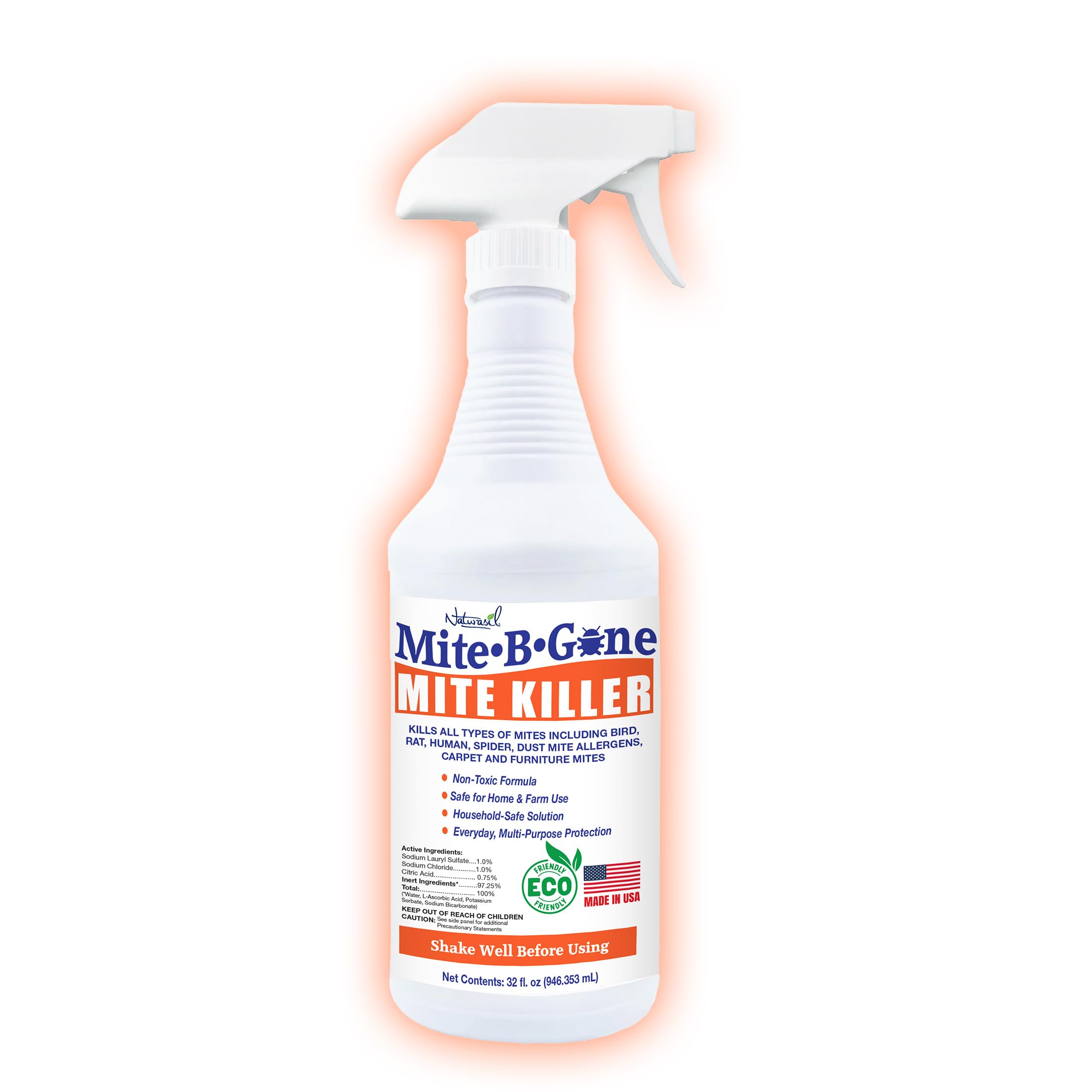 Mite Killer Spray by Mite-B-Gone — Kills Human Mites, Dust, Spider, Rat, Carpet & Bird Mites in Homes, Furniture, Bedding, Auto & On Animals | Non-Toxic | Kid & Pet Safe | 32oz Spray