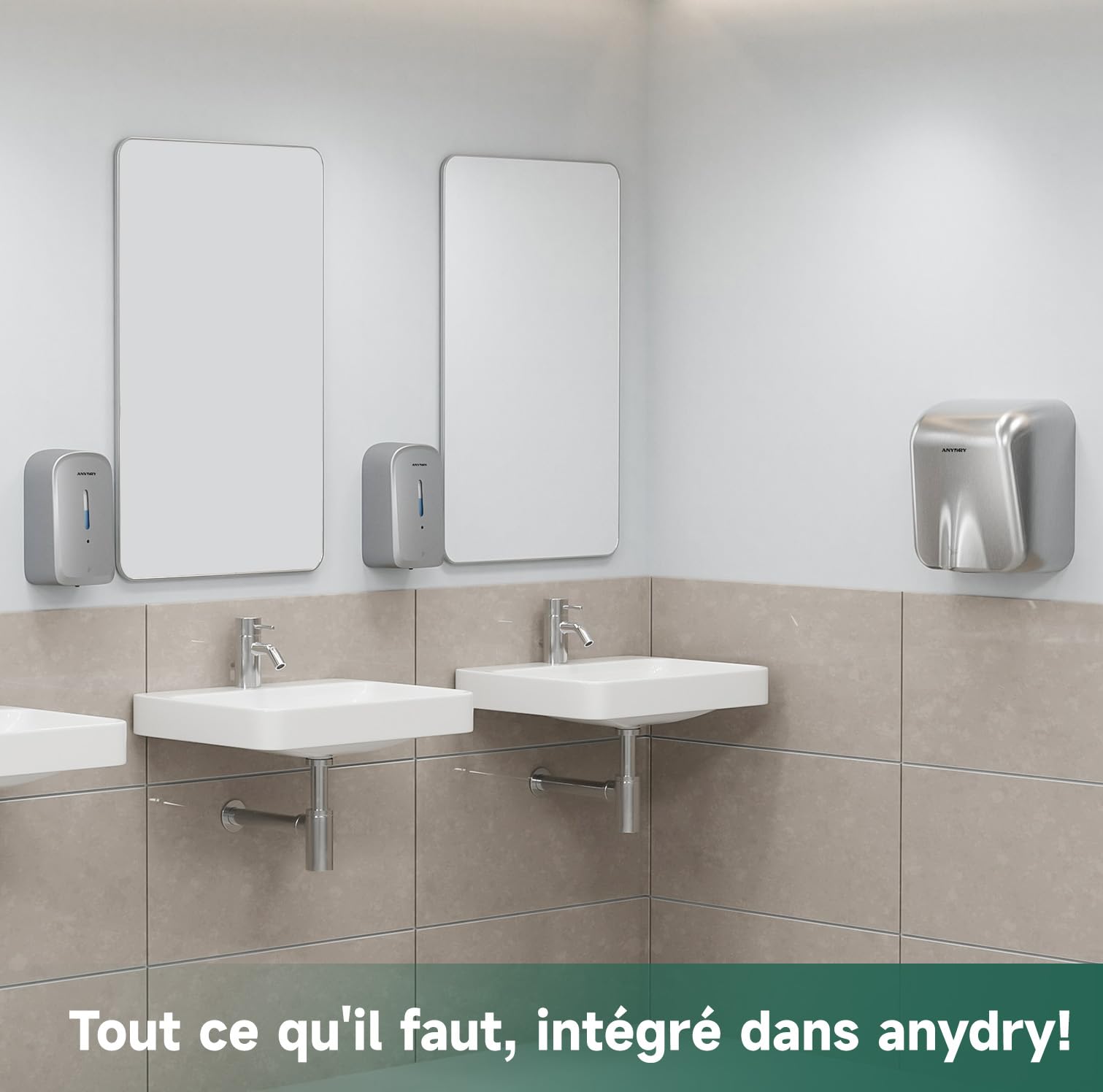 anydry Distributeur Automatique de Savon Liquide Professionnel de 1000 ML, à Montage Mural, sans Contact, pour Toilettes à Fort trafic, Bureaux, hôpitaux, modèle 1220S Argent