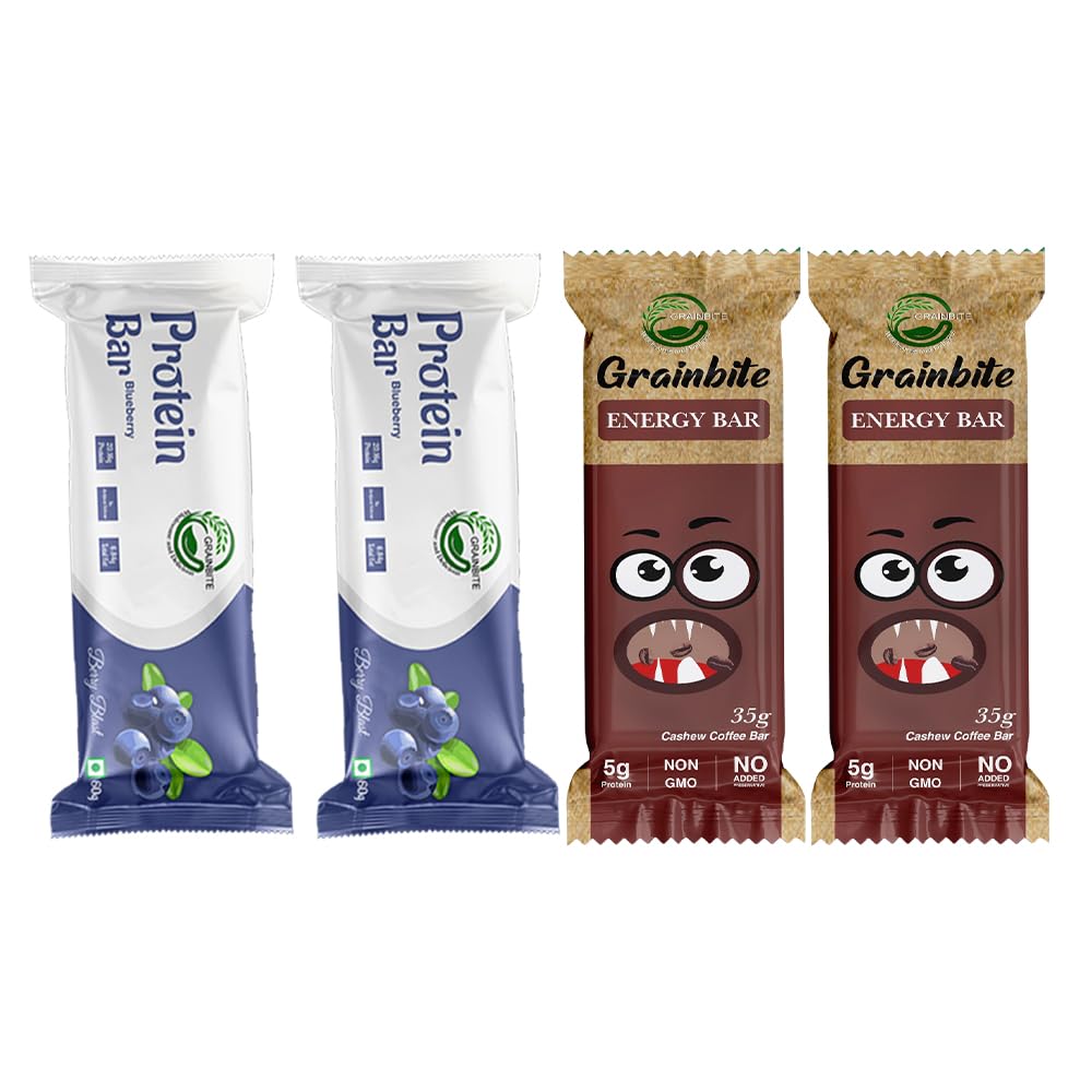 GRAINBITE Protein Bar Blueberry Blast (Pack of 2) and Energy Bar Cashew Coffee (Pack of 2) (190gm, Combo of 4)-image-1