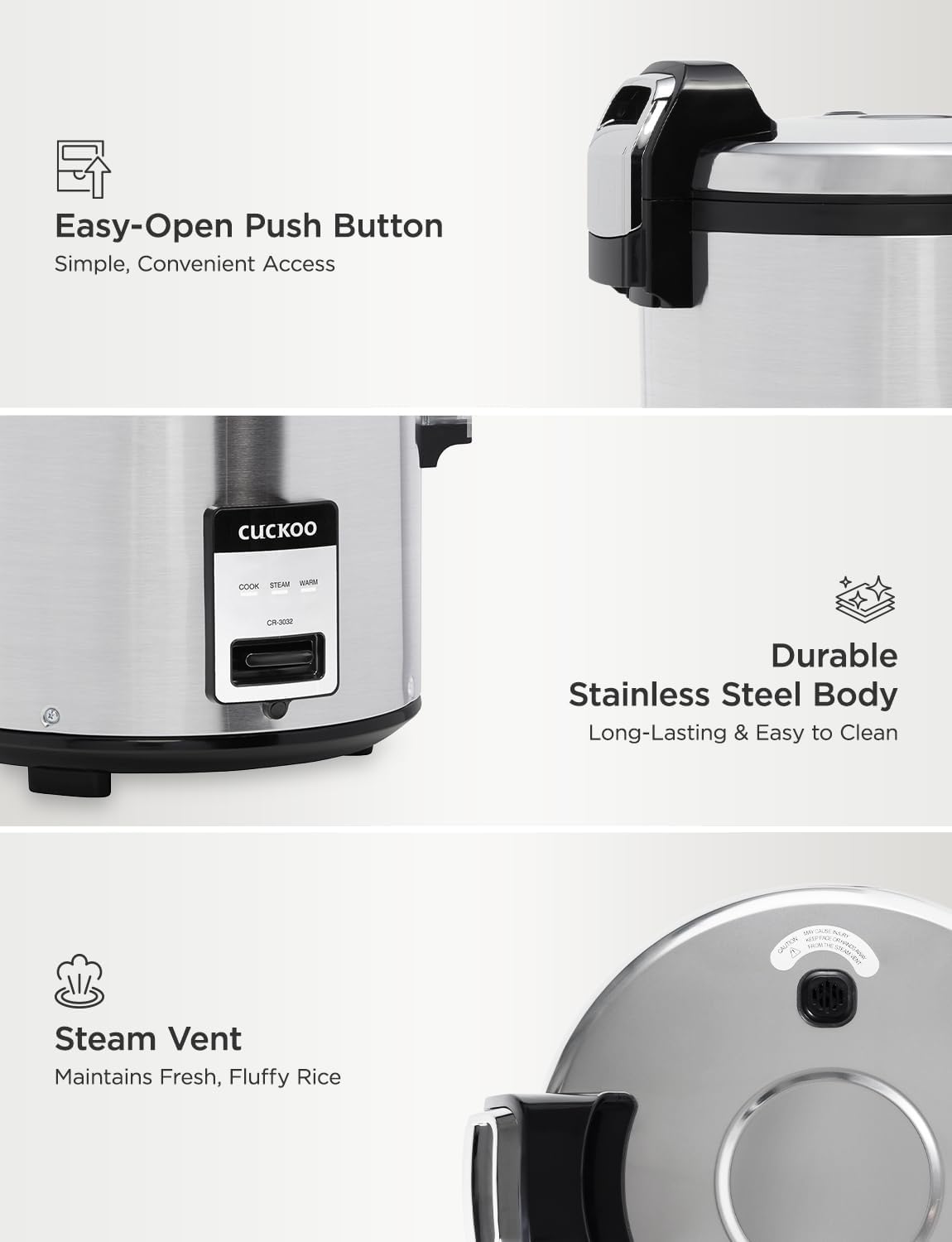 CUCKOO Commercial Rice Cooker & Warmer, Extra Large Rice Cooker 30-Cup Uncooked / 60-Cup Cooked, Professional Industrial Grain Cooker with Large Capacity, Easy One-Touch Operation, Silver (CR-3032)