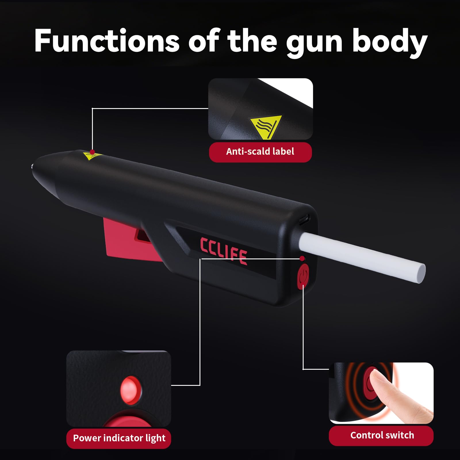 CCLIFE Pistola per colla a caldo a batteria, 7,2 mm, 30 bastoncini di colla