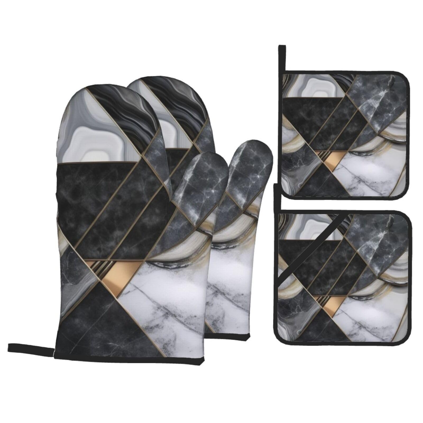3d Black Marble Texture Gold 4pcs Oven Mitts And Pot Holders Sets,Waterproof Heat-Resistance Microwave Cooking Oven Gloves,Chef Potholders Mittens,Kitchen Cooking Bbq Gloves And Hot Pads