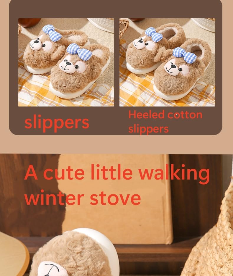 Cute little monkey home slippers, brown plush blue checkered bow, soft furry indoor winter shoes3