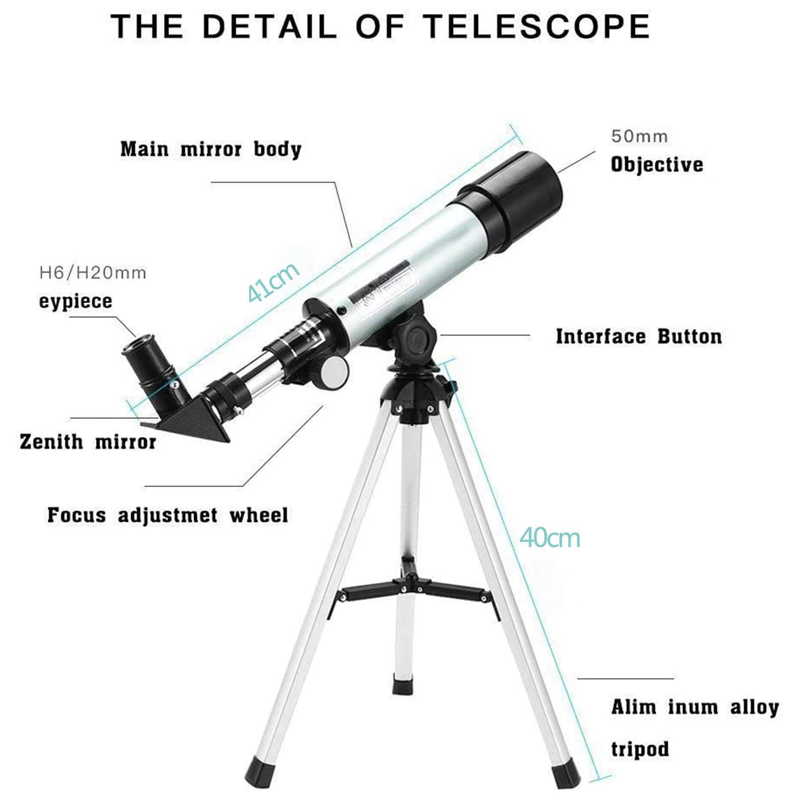 Teleskop astronomiczny dla dzieci, optyczne teleskopy refraktorowe 360 ​​x 50 mm dla dzieci Początkujący luneta monokularowa na zewnątrz + statyw aluminiowy + filtr księżycowy