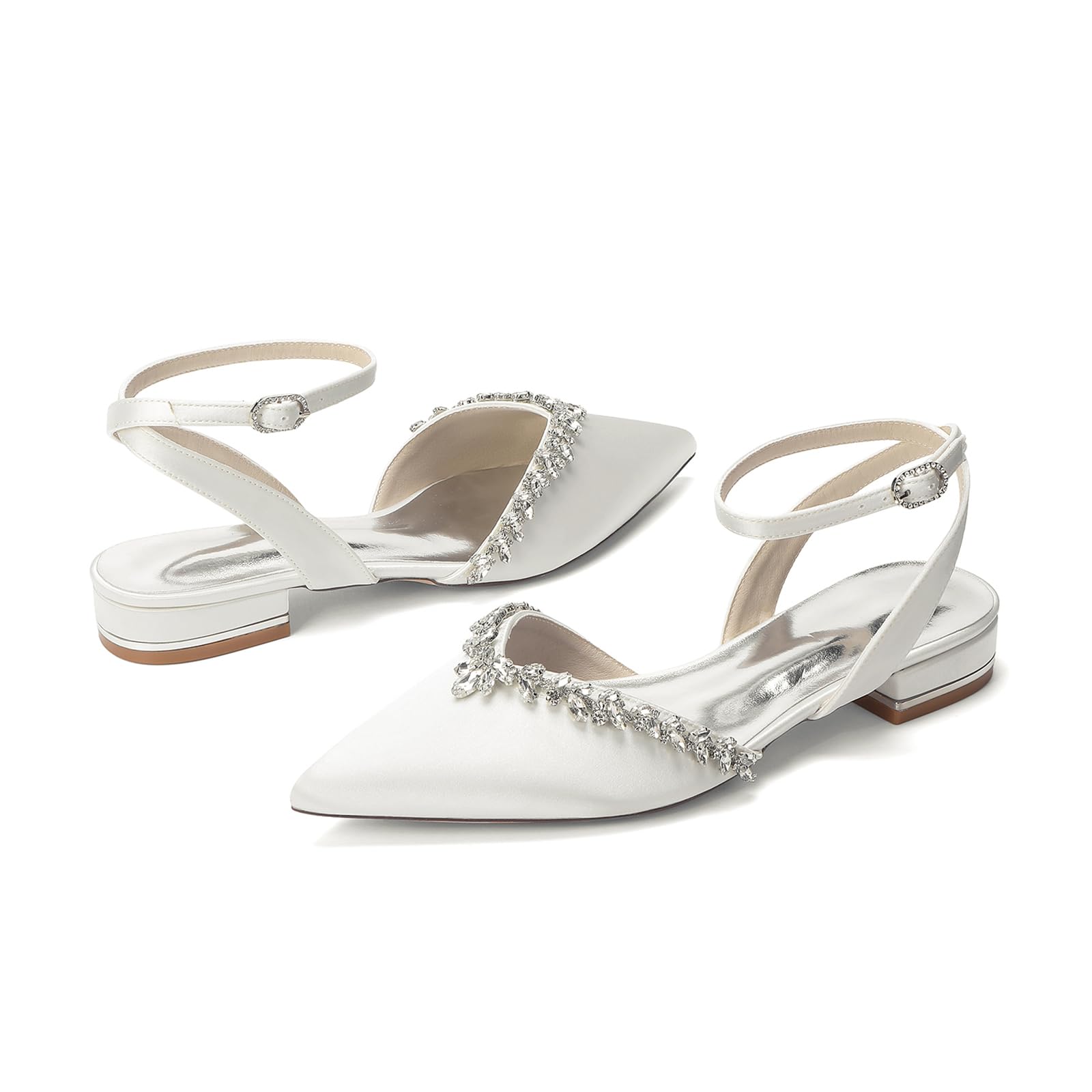 Scarpe da Sposa Basse in Raso Slingback per Donna Avorio, Bianco, Ballerine Eleganti a Punta con Strass e Cinturino alla Caviglia, Scarpe Cerimonia per Matrimonio e Festa