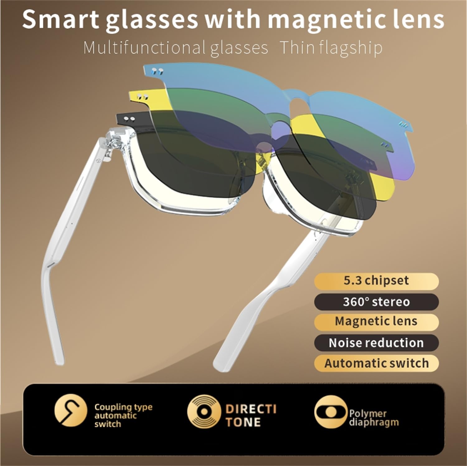 CatXQ Smart Bluetooth Glasses for Men Women | Auto Switch | Blue Light Blocking & Polarized Sunglasses & Night Vision Lens - White