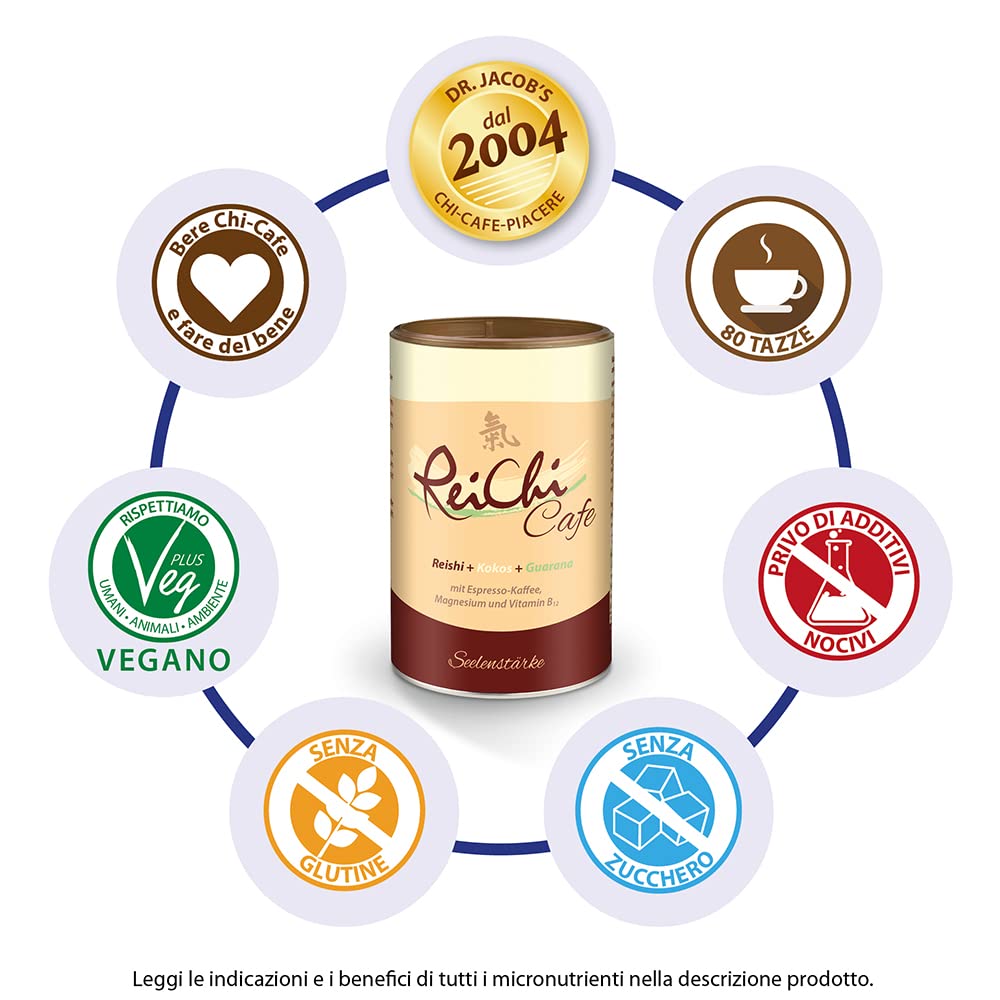 ReiChi Cafe I 400 g, 80 tazze I piacere del caffè esotico I funghi reishi, ginseng e cocco I caffeina da guaranà e caffè I magnesio + B12 I nervi, meno stanchezza¹ I vegan, senza additivi