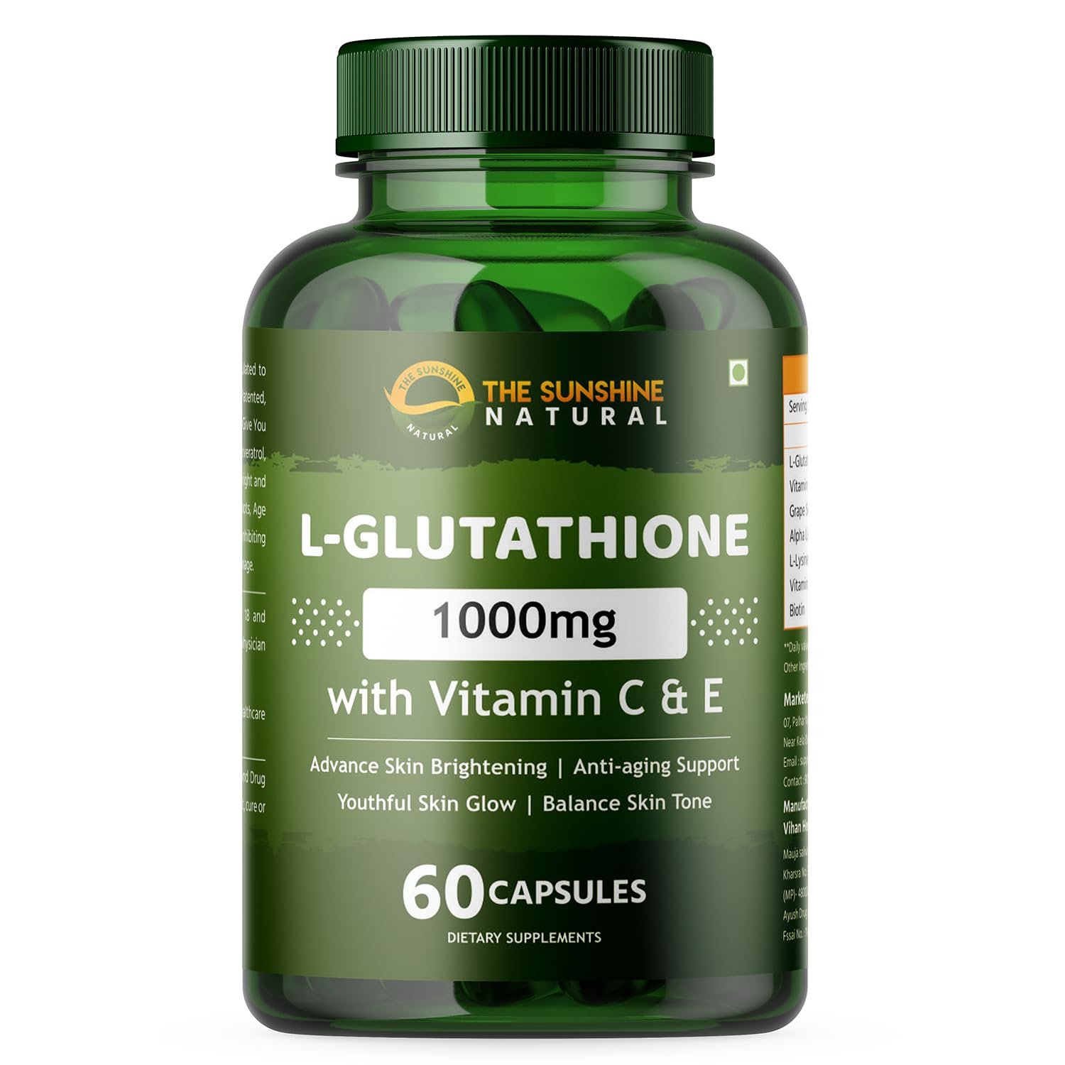 THE SUNSHINE NATURAL L-GLUTATHIONE WITH VITAMIN C, E, ALPHA LIPOIC ACID & ANTIOXIDANT FOR RADIANT BEAUTIFUL SKIN | ANTI-AGEING | REDUCES PIGMENTATION & DARK SPOTS 1000MG 60 CAPSULES
