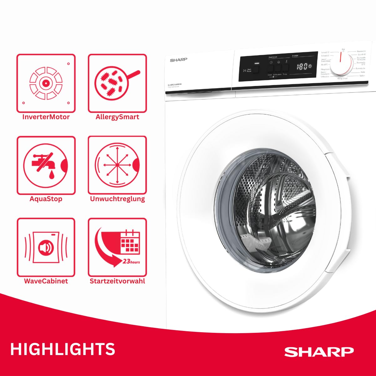 SHARP ES-NFA714WWNNA-DE Waschmaschine (7 kg, EEK A, 1400 U/min.), (Inverter Motor, AquaStop), Weiß