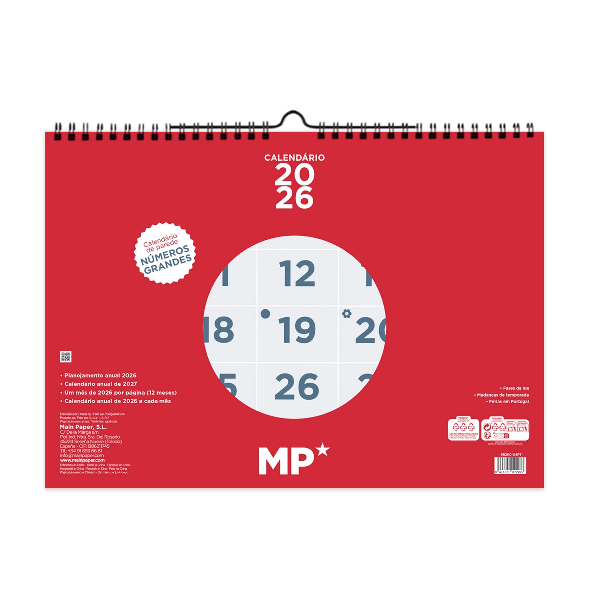 MP -Wall Calendar 2026 Month View January - December (12 Months), 2026 Yearly Planner, Neutral Monthly Planner - Férias em Portugal,31x43.5cm