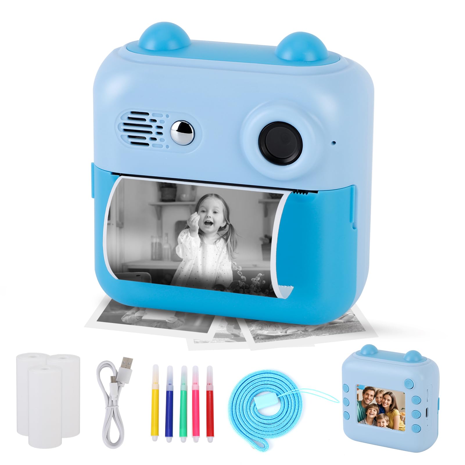 Gugxiom Kids Camera Instant Print, Fotocamera Digitale per Bambini con Scheda SD da 32 GB e 3 Rotoli Di Carta per Stampante, Fotocamera per Bambini per Ragazzi e Ragazze (blu)
