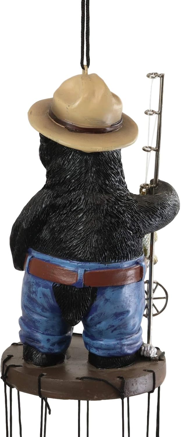 Ebros Gift Rustic Western Country Fishing Hillbilly Black Bear with Rod and Bass Figurine Crown Top Resonant Wind Chime with Miniature Ornamental Caught Fishes for Garden Patio Home Decorative Accent