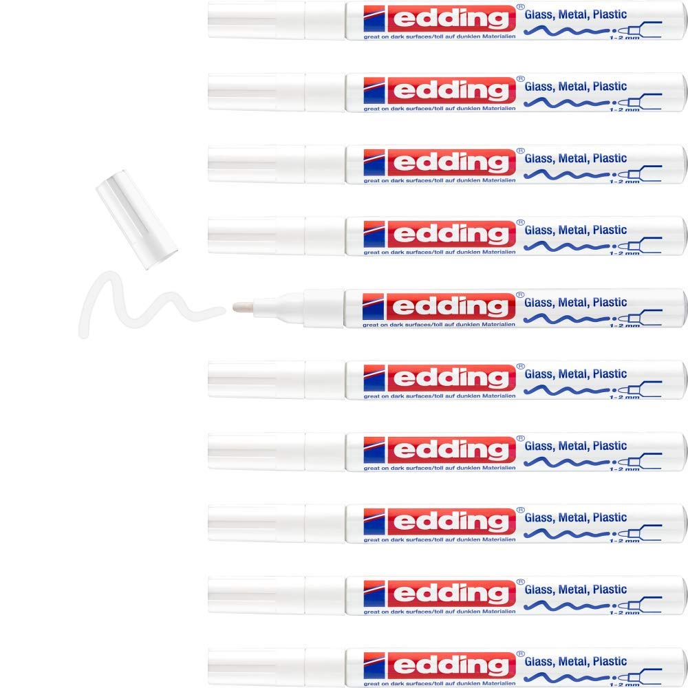 edding 751 marcador de tinta opaca brillante - blanco - 10 rotuladores - punta redonda 1-2 mm - rotulador brillante efecto lacado para vidrio, piedras, madera, plástico, papel - color permanente