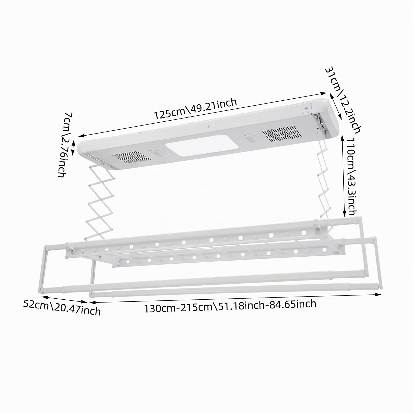 Elektrischer Wäscheständer Deckenmontage, Wand- und Decken-Wäscheständer Ausziehbar 130-215CM mit Fernbedienung & LED-Beleuchtung, Blaulicht-Sterilisation & 2X Ventilatoren (Weiß)
