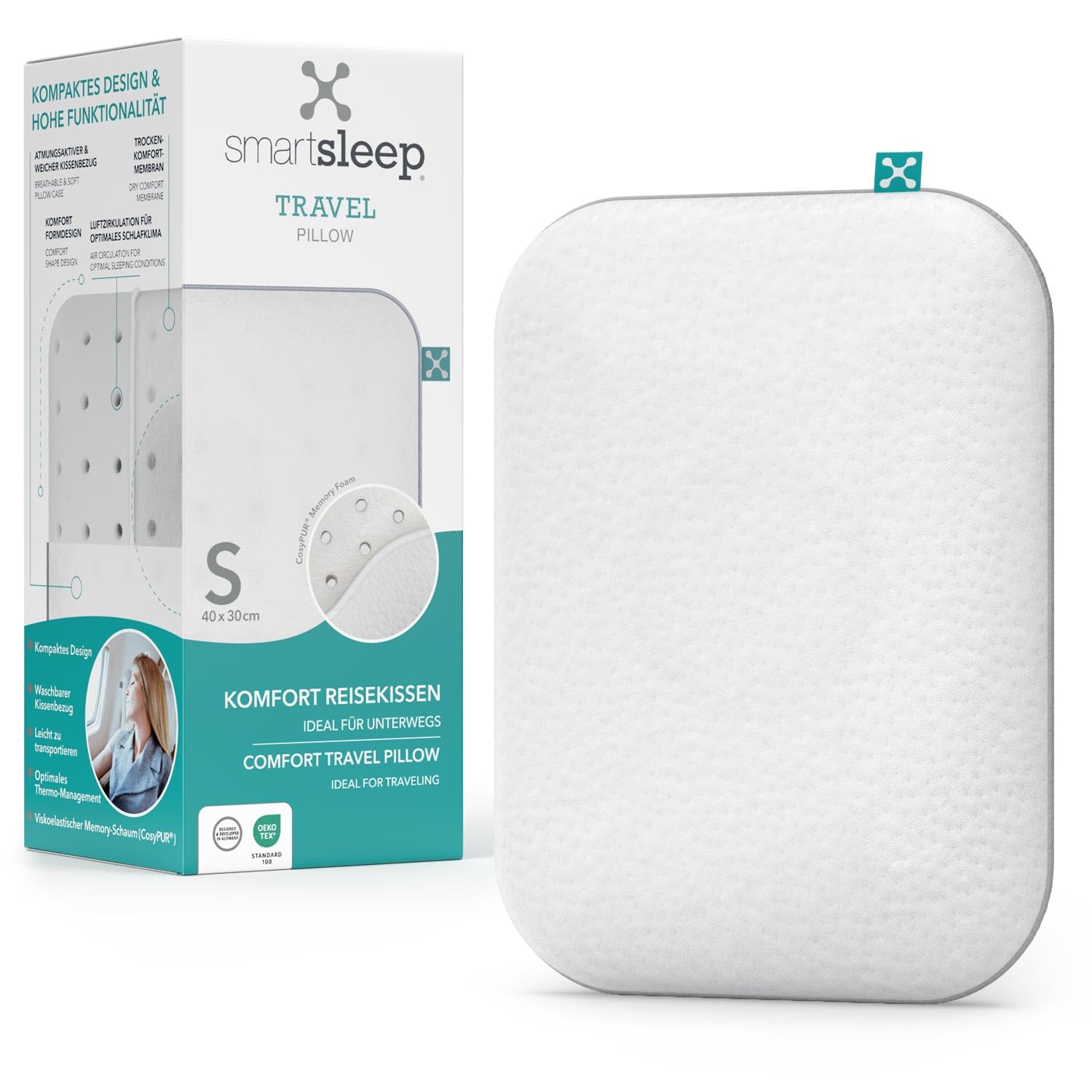 smartsleep® TRAVEL Pillow – Ergonomisches Reisekissen mit Memory Foam – Nackenkissen für Reisen, Hotel, Camping & Büro – Kompakt, atmungsaktiv & formstabil