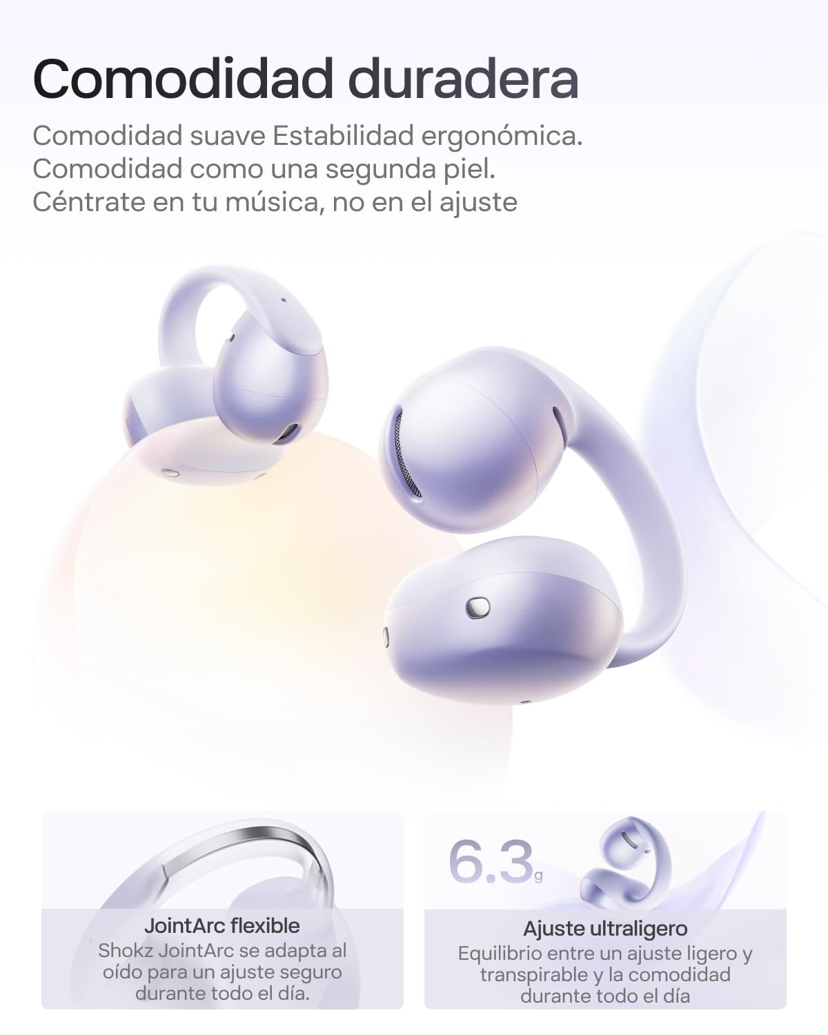 SHOKZ Auriculares Open-Ear Clip-on OpenDots Air, Ligero de 6,3 g, Morado | con Graves Profundos | 36 h de batería | Bluetooth 6.1 | reducción de Ruido con IA | Resistencia al Agua IP55 | Ajuste Seguro