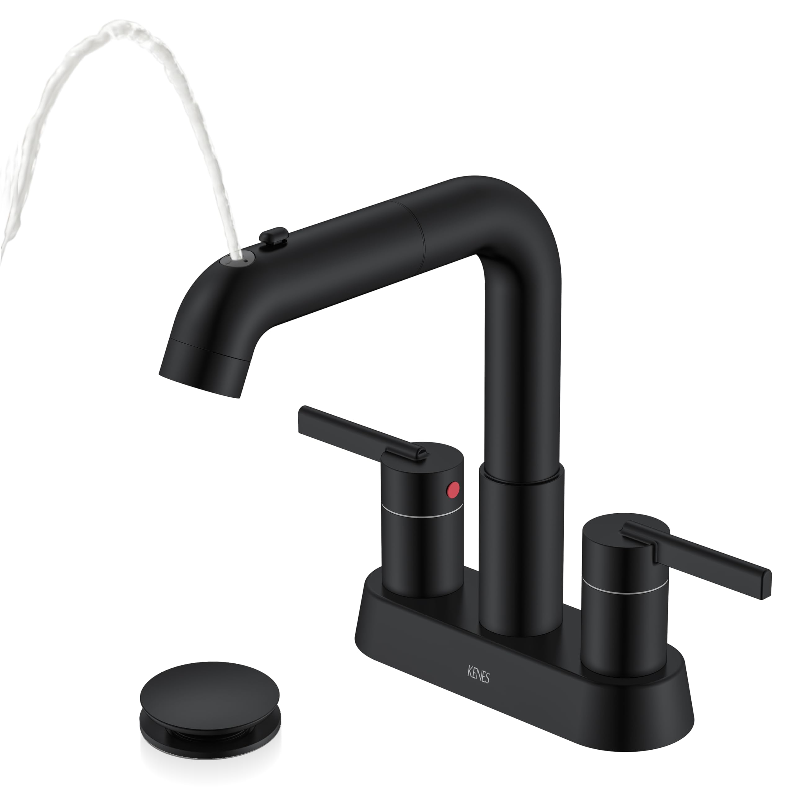 KENES Matte Black Centerset Bathroom Faucet with Pull Down Sprayer 4 Inch 2 Handle Pull Out Bathroom Faucet