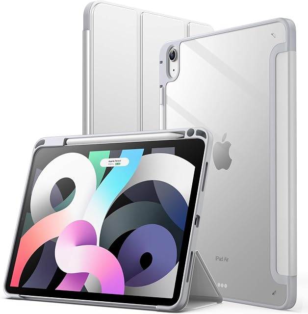 JETech Etui dla iPad Air 5/4 (10,9 Cala, 2022/2020, 5/4 Generacja) z Pencil Uchwyt, Wyczyść Przezroczysty Tył Obudowa Slim Podstawkę Odporna na Wstrząsy Obudowa Tabletu Case (Srebrny)