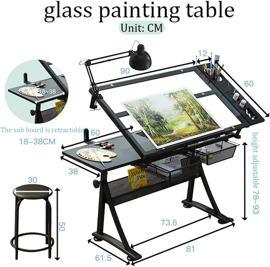 Adjustable Tempered Glass Drafting Table with Tilting Artw Desk and 2 Storage Drawers