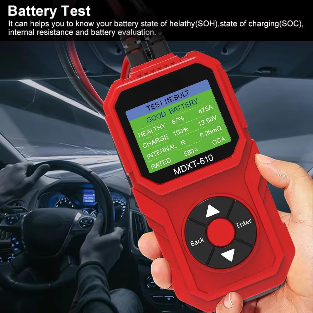 MDXT-610 Tester per batteria auto da 12 V, misuratore di resistenza interna con LCD a colori, verifica SOH/SOC, tensione, generatore e sistema di avviamento, multilingue