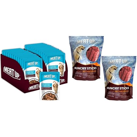 Meat Up Wet Dog Food, Real Chicken and Chicken Liver Chunks in Gravy, 12 Pouches (12 X 70G) - Buy 1 & Munchy Sticks, Mutton Flavour, Dog Treats, 400 G (Buy 1 Get 1 Free)