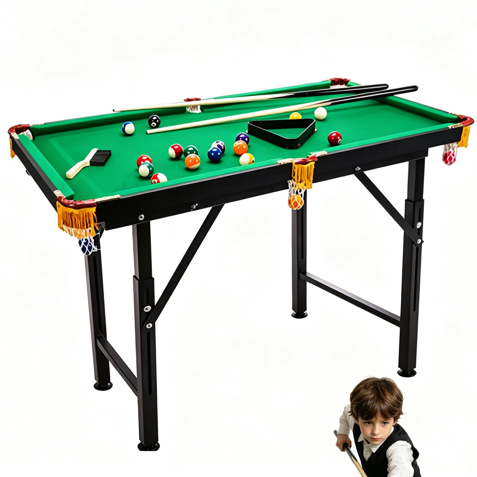 Tavolo da biliardo pieghevole, tavolo da biliardo mini regolabile in altezza 1,2 m con accessori completi per il gioco, tavolo da snooker compatto con struttura in metallo per intrattenimento familiar