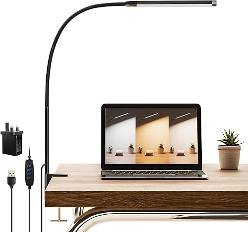 CUHIOY Lámpara de escritorio con abrazadera de metal, lámparas LED de lectura de mesa para oficina en casa, 3 colores, 10 iluminaciones, cuello de