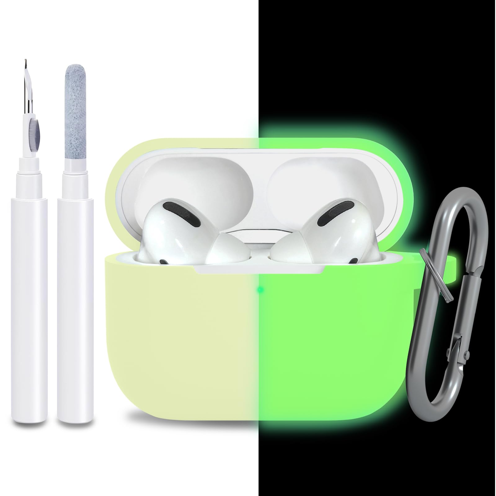 for AirPods Pro 2nd 1st Generation Case Cover with Keychain, Protective Soft Silicone Skin Accessories for Apple AirPods Pro Charging Case 2022/2019, Front LED Visible, Night Glow Green